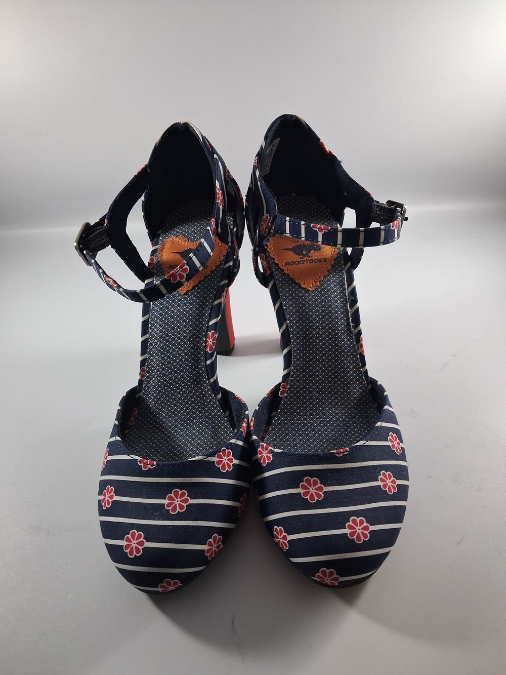 Rocket Dog Navy Floral Stripe Ankle Strap Heels